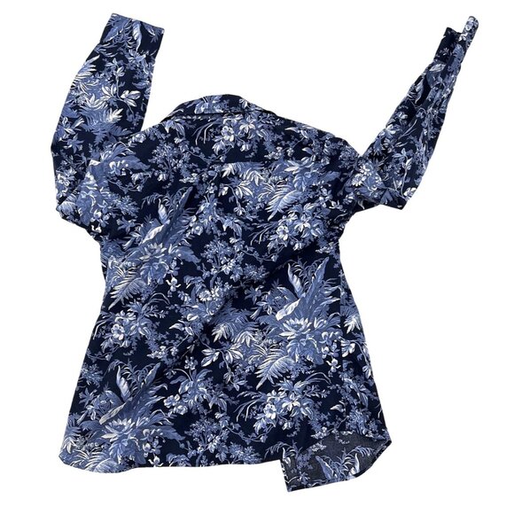 Talbots Womens Sm Petite Floral Button-Up Shirt Contrast Collar Navy Periwinkle - Picture 2 of 12